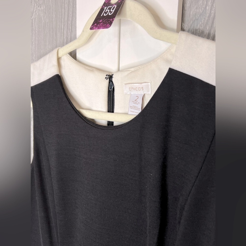 159. Chico's Sz 2 Black White Colorblock Poly Spandex Della Dress - Picture 3 of 6